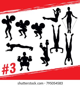 Crossfit concept. Vector silhouettes of people doing fitness and crossfit workouts in many different position. Active and healthy life concept