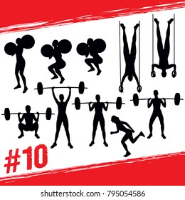 Crossfit concept. Vector silhouettes of people doing fitness and crossfit workouts in many different position. Active and healthy life concept