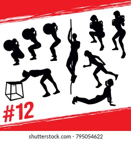 Crossfit concept. Vector silhouettes of people doing fitness and crossfit workouts in many different position. Active and healthy life concept