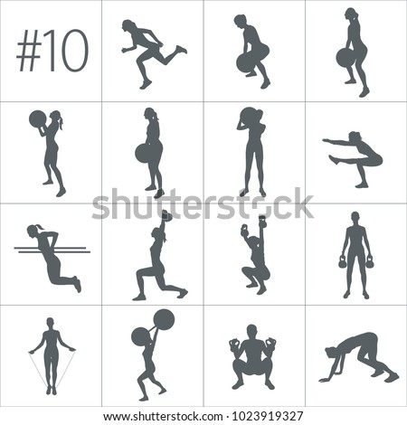 Crossfit concept. Vector silhouettes of people doing fitness and crossfit workouts in many different position. Active and healthy life concept