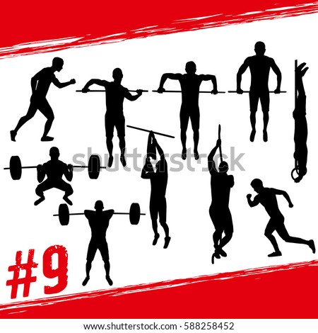 Crossfit concept. Vector silhouettes of people doing fitness and crossfit workouts in many different position. Active and healthy life concept