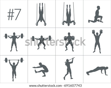 Crossfit concept. Vector silhouettes of people doing fitness and crossfit workouts in many different position. Active and healthy life concept