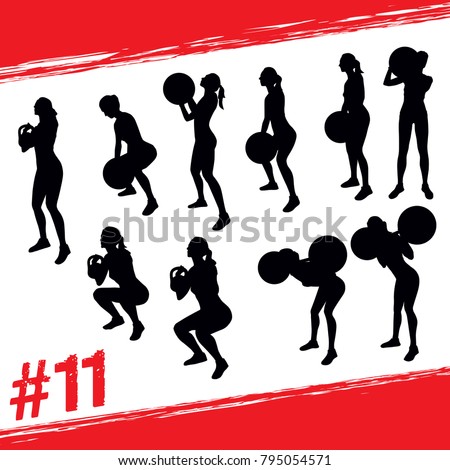 Crossfit concept. Vector silhouettes of people doing fitness and crossfit workouts in many different position. Active and healthy life concept