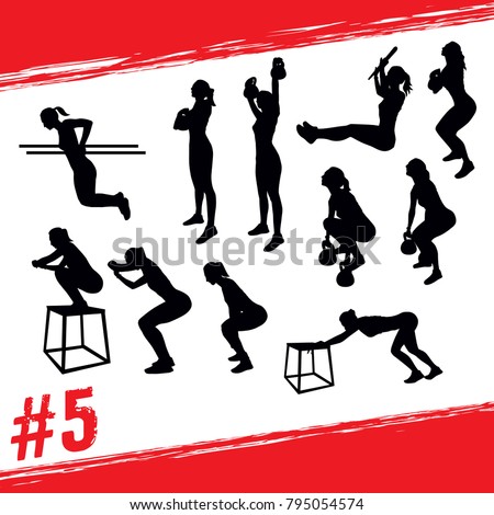 Crossfit concept. Vector silhouettes of people doing fitness and crossfit workouts in many different position. Active and healthy life concept
