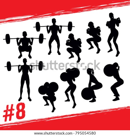 Crossfit concept. Vector silhouettes of people doing fitness and crossfit workouts in many different position. Active and healthy life concept