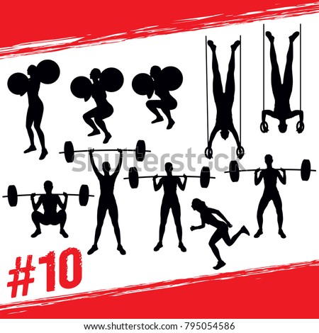 Crossfit concept. Vector silhouettes of people doing fitness and crossfit workouts in many different position. Active and healthy life concept