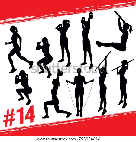Crossfit concept. Vector silhouettes of people doing fitness and crossfit workouts in many different position. Active and healthy life concept