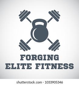 Crossfit, forging elite fitness - t-shirt design, print, kettlebell and barbell, vector illustration