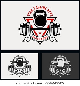 crossfit logo. triangles, bands, barbells and kettlebells as icons, design for fitness or gym sports