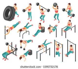 Crossfit workout isometric icons set with woman exercising with barbells tyre horizontal bars 3d isolated on white background vector illustration