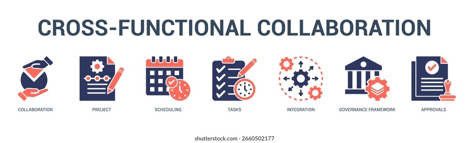 CrossFunctional Collaboration Moderne und saubere Web-Banner-Illustration mit thematischen Symbolen für visuelle Kommunikation