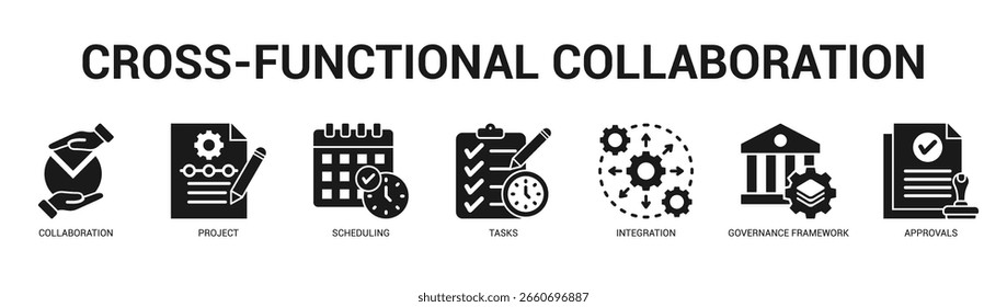 CrossFunctional Collaboration Moderne und saubere Web-Banner-Illustration mit thematischen Symbolen für visuelle Kommunikation