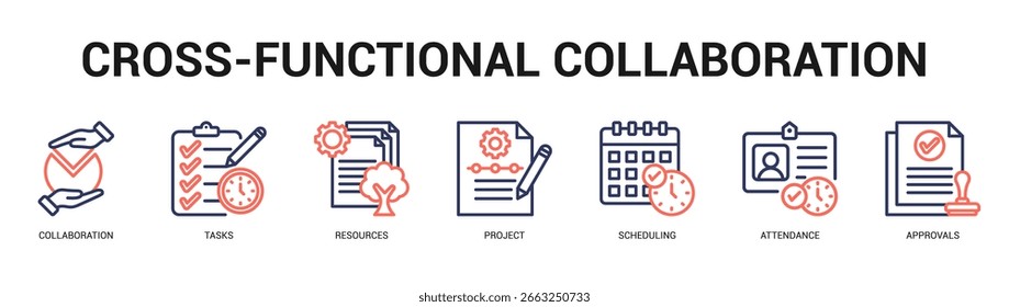 Colaboração multifuncional Ilustração moderna e limpa com ícones temáticos para comunicação visual