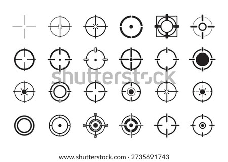 Crosshair graphics, aiming points, reticles, targeting icons, scope viewfinders, precision marks.