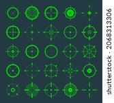 Crosshair, gun sight vector icons. Bullseye, green target or aim symbol. Military rifle scope, shooting mark sign. Targeting, aiming for a shot. Archery, hunting and sports shooting. Game UI element.