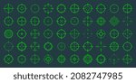 Crosshair, gun sight vector icons. Bullseye, green target or aim symbol. Military rifle scope, shooting mark sign. Targeting, aiming for a shot. Archery, hunting and sports shooting. Game UI element.