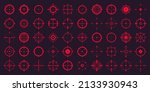 Crosshair, gun sight vector icons. Bullseye, red target or aim symbol. Military rifle scope, shooting mark sign. Targeting, aiming for a shot. Archery, hunting and sports shooting. Game UI element.