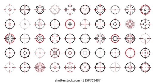 Crosshair, Gun Sight Vector Icons. Bullseye, Black Target Or Aim Symbol. Military Rifle Scope, Shooting Mark Sign. Targeting, Aiming For A Shot. Archery, Hunting And Sports Shooting. Game UI Element.