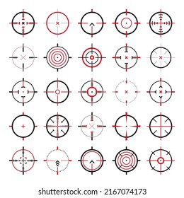 Crosshair, Gun Sight Vector Icons. Bullseye, Black Target Or Aim Symbol. Military Rifle Scope, Shooting Mark Sign. Targeting, Aiming For A Shot. Archery, Hunting And Sports Shooting. Game UI Element.