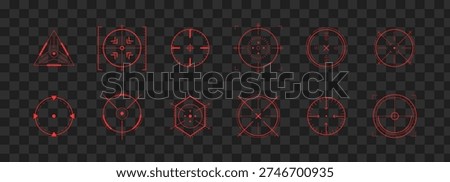 Crosshair Hud red. Target lock and aim icons. Shooting games with futuristic focus. Collection of modern digital weapon icons. Military Vector illustration.