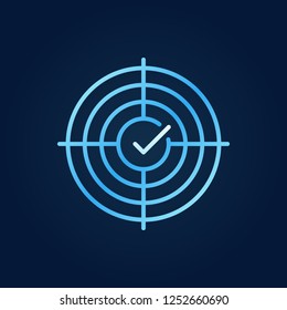 Crosshair with tick vector blue thin line icon or logo element on dark background