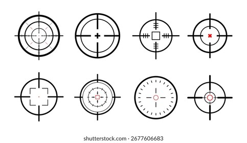 Crosshair único e diferente conjunto para tiro preciso, alvo, e mirando coleção de vetor de medição.