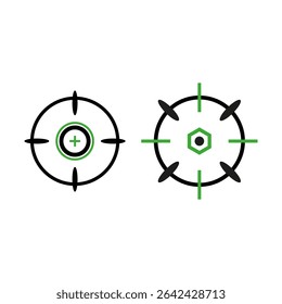 Ícone de vetor de mira. Cruz verde central. Forma de alvo hexágono. Símbolo de mira em negrito.