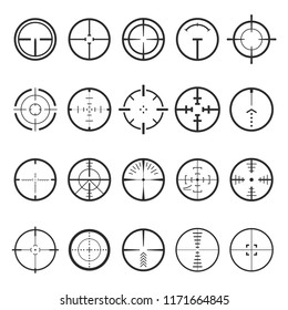 Crosshairs icon set. Focus of optical instrument, gunsight, for use in positioning, aiming, or measuring. Vector crosshairs illustration on white background