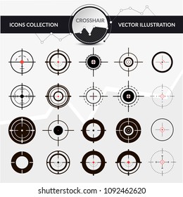 Crosshairs icon set. Target aim and aiming to bullseye signs symbol. Abstract concept graphic games shooters element.