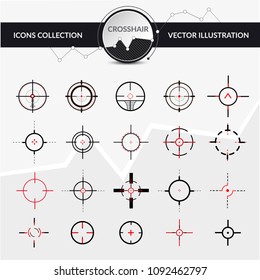Crosshairs icon set. Target aim and aiming to bullseye signs symbol. Abstract concept graphic games shooters element.