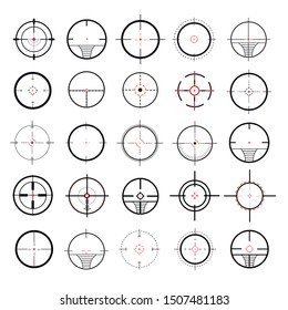 Crosshairs icon set. Target aim and aiming to bullseye signs symbol. Abstract concept graphic games shooters element