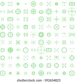 Conjunto de vectores de icono de cruz aislado en un fondo. Objetivo redondo y cuadrado para videojuegos y aplicaciones. Sencilla retrospección de francotirador diferente en un estilo lineal plano.