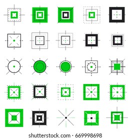 Crosshairs icon vector set isolated on a background. Round and square crosshairs for video games and applications. Simple different sniper crosshairs in a flat linear style.
