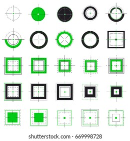 Crosshairs icon vector set isolated on a background. Round and square crosshairs for video games and applications. Simple different sniper crosshairs in a flat linear style.