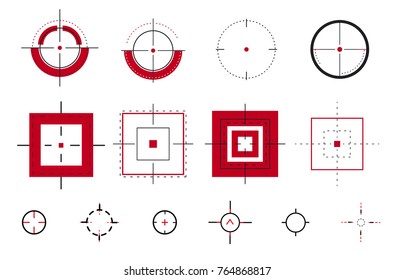 Crosshairs icon vector set isolated on a background. Round and square crosshairs for video games and applications.