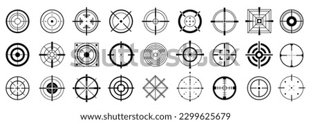 Crosshairs set, black target for sniper shot. Isolated crosshair, gun aims signs. Computer game or army elements, abstract precise focus decent vector icons