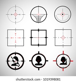 Crosshairs set. Round and square crosshairs for video games and applications. Simple different sniper crosshairs in a flat linear style.