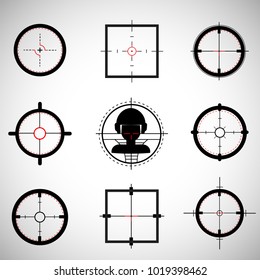 Crosshairs set. Round and square crosshairs for video games and applications. Simple different sniper crosshairs in a flat linear style.