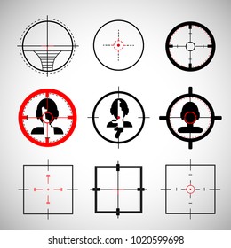 Crosshairs set. Round and square crosshairs for video games and applications. Simple different sniper crosshairs in a flat linear style.