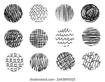Crosshatch patroon met krabbellijnen. Hatch handgetekende textuur in cirkelvorm