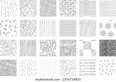crosshatch pattern set. Different seamless textures made in hand drawn pencil style. Black lines on white background. Stock vector illustration.