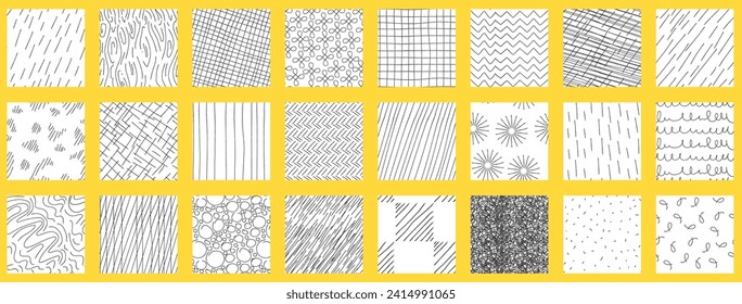 crosshatch pattern set. Different seamless textures made in hand drawn pencil style. Black lines on white background. Stock vector illustration.