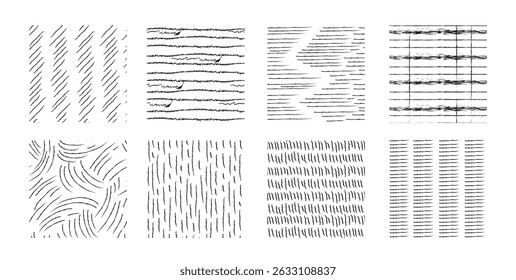 Amostras de padrão Crosshatch - ondulado e ziguezague, texturas listradas e xadrez. Planos de fundo de desenho de tinta geométrica preta com formas lineares. Elementos gráficos desenhados à mão para bordas, desenhos de superfícies.