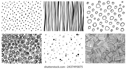 Crosshatch patterns collection with dalmatian, rain, clouds and Easter basket texture. Hand drawn organic textile patterns. Vector illustration