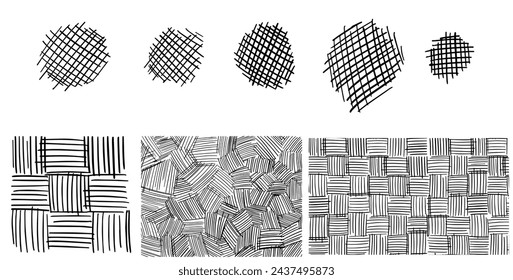 Crosshatch patterns collection with rain, Easter basket and canvas texture. Hand drawn organic textile patterns. Vector illustration