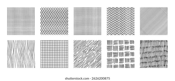 Crosshatch patterns collection - vertical, horizontal lines, zigzag and grid, waves and grass ink hatching. Shading textures set. Monochrome graphic design elements and decorative backgrounds.