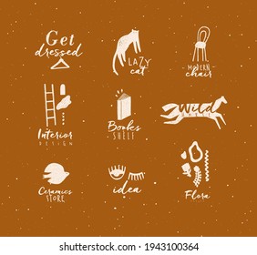 Crosshatch pen line style modern symbols drawing in beige color on mustard background