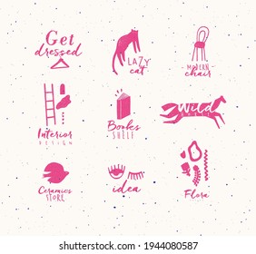 Crosshatch pen line style modern symbols drawing in pink color on beige background