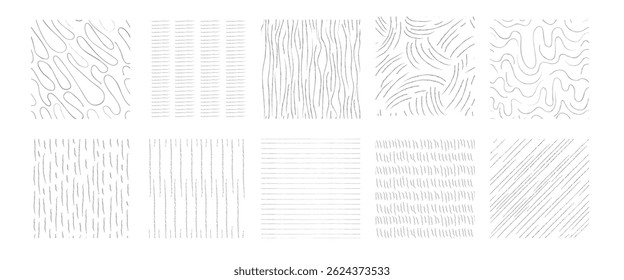 Crosshatch shape pattern set - collection of monochrome textures with various hatched lines and dash strokes drawn by hand. Sketchy graphic elements pack for engraving design style drawing effect.