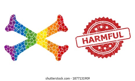 Crossing bones collage icon of filled circle items in different sizes and LGBT color tints, and Harmful grunge rosette seal print. A dotted LGBT-colored Crossing bones for lesbians, gays,
